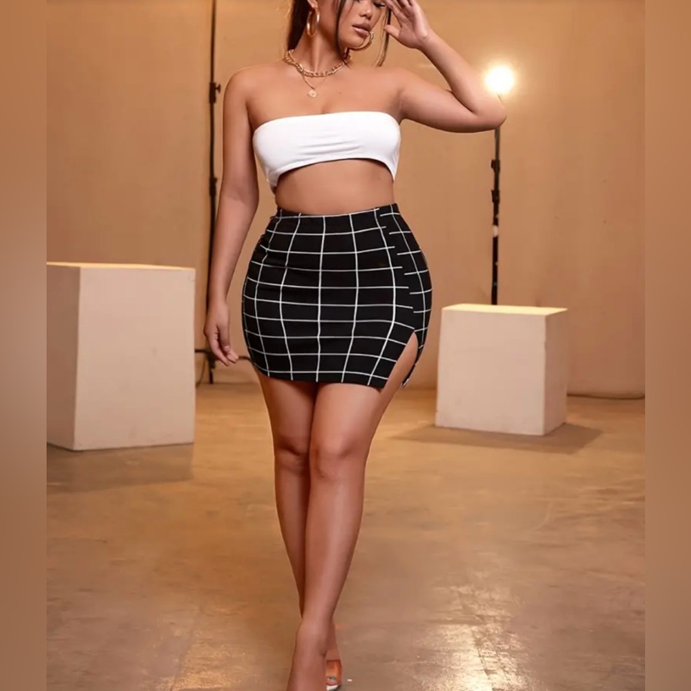 New Plaid Print Split Bodycon Skirt, Casual High Waist Mini Skirt. - Picture 2 of 8